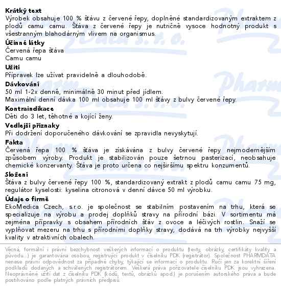 Červená řepa 100% šťáva 500ml EkoMedica