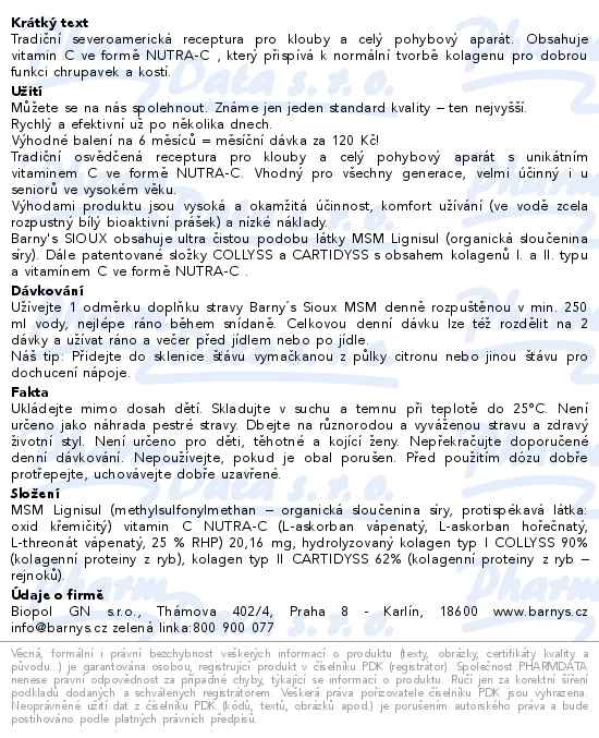 Barnys Sioux MSM 600g