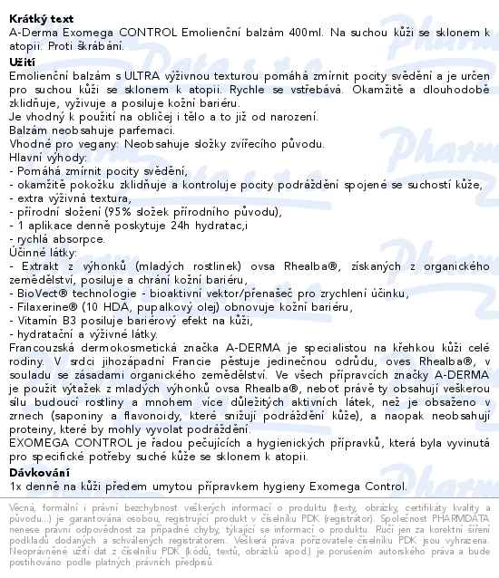 A-DERMA Exomega CONTR.Emolienční balzám 400ml