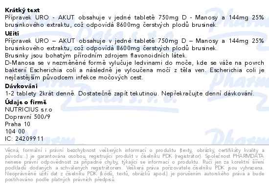 Uro-Akut D-manosa 750 mg + Brusinky 8600 mg 20 tbl