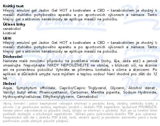 Jadon gel HOT hřejivý gel s kostivalem a CBD 1000g