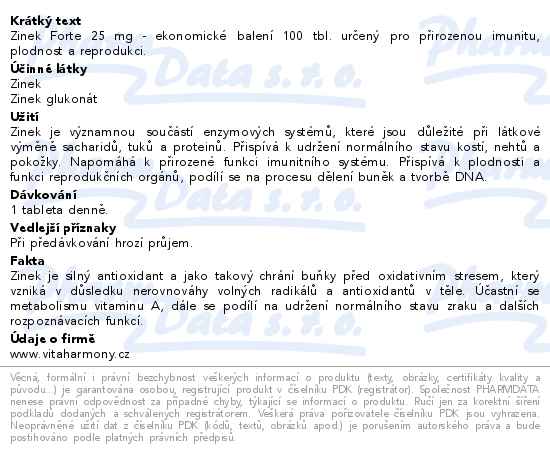 VitaHarmony Zinek Forte 25mg 100 tablet