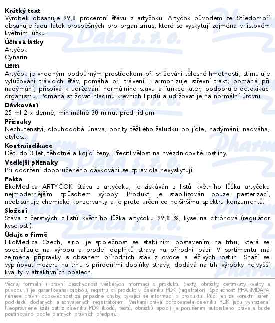 Artyčok 99.8 % šťáva 500ml EKOMEDICA