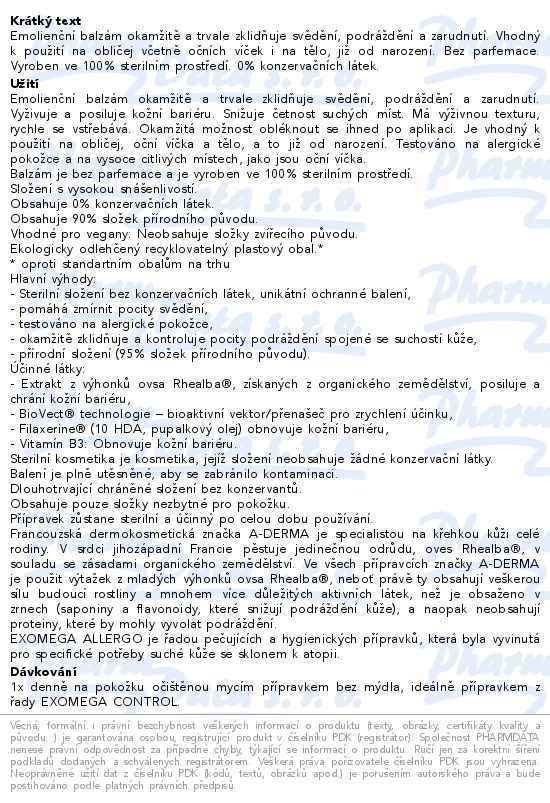 A-DERMA Exomega ALLERGO Emolienční balzám 200ml