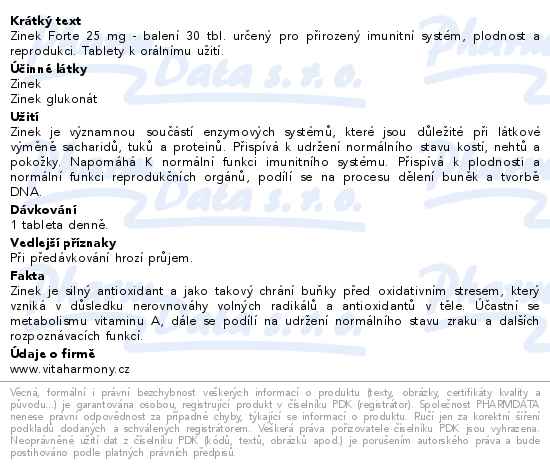 VitaHarmony Zinek Forte 25mg 30 tablet
