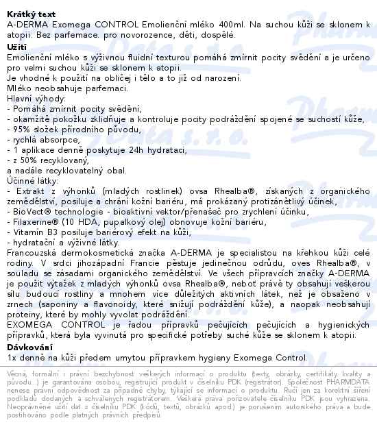 A-DERMA Exomega CONTR.Emolienční mléko 400ml