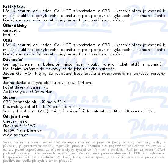 Jadon gel HOT hřejivý gel s kostivalem a CBD 50g