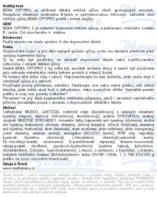 BEBA Optipro 2 pokračovací kojenecké mléko 500g